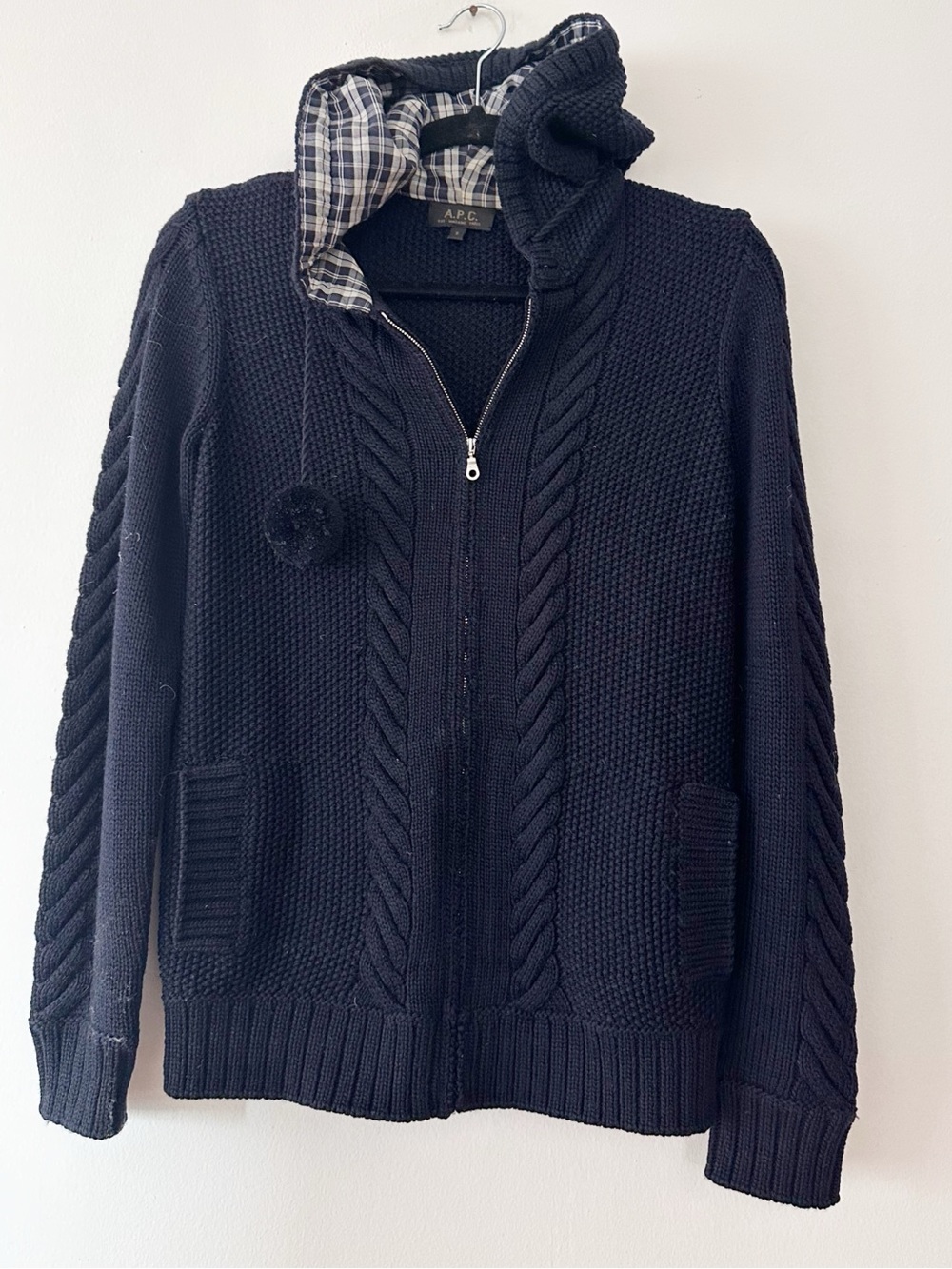 A.P.C. Zip up cardigan w/ plaid lined hood merino wool navy size small